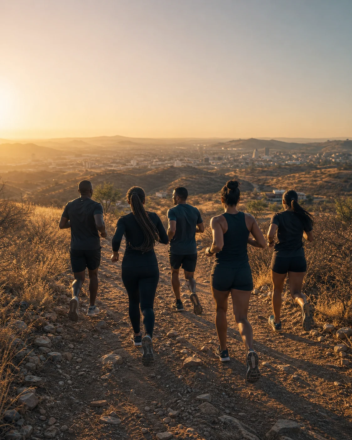 Runnerz artwork of a diverse running group moving above Windhoek at sunrise